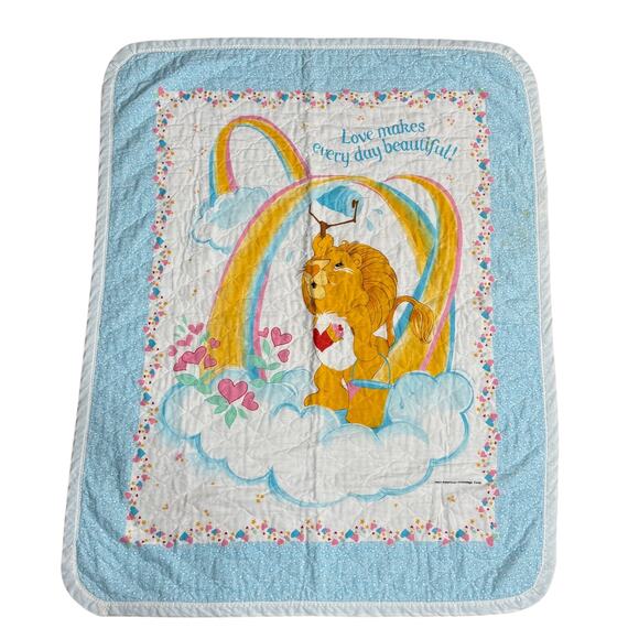 Vintage 80s Care Bears Brave Heart Lion Quilted Baby Blanket Nursery Quilt - Picture 1 of 8